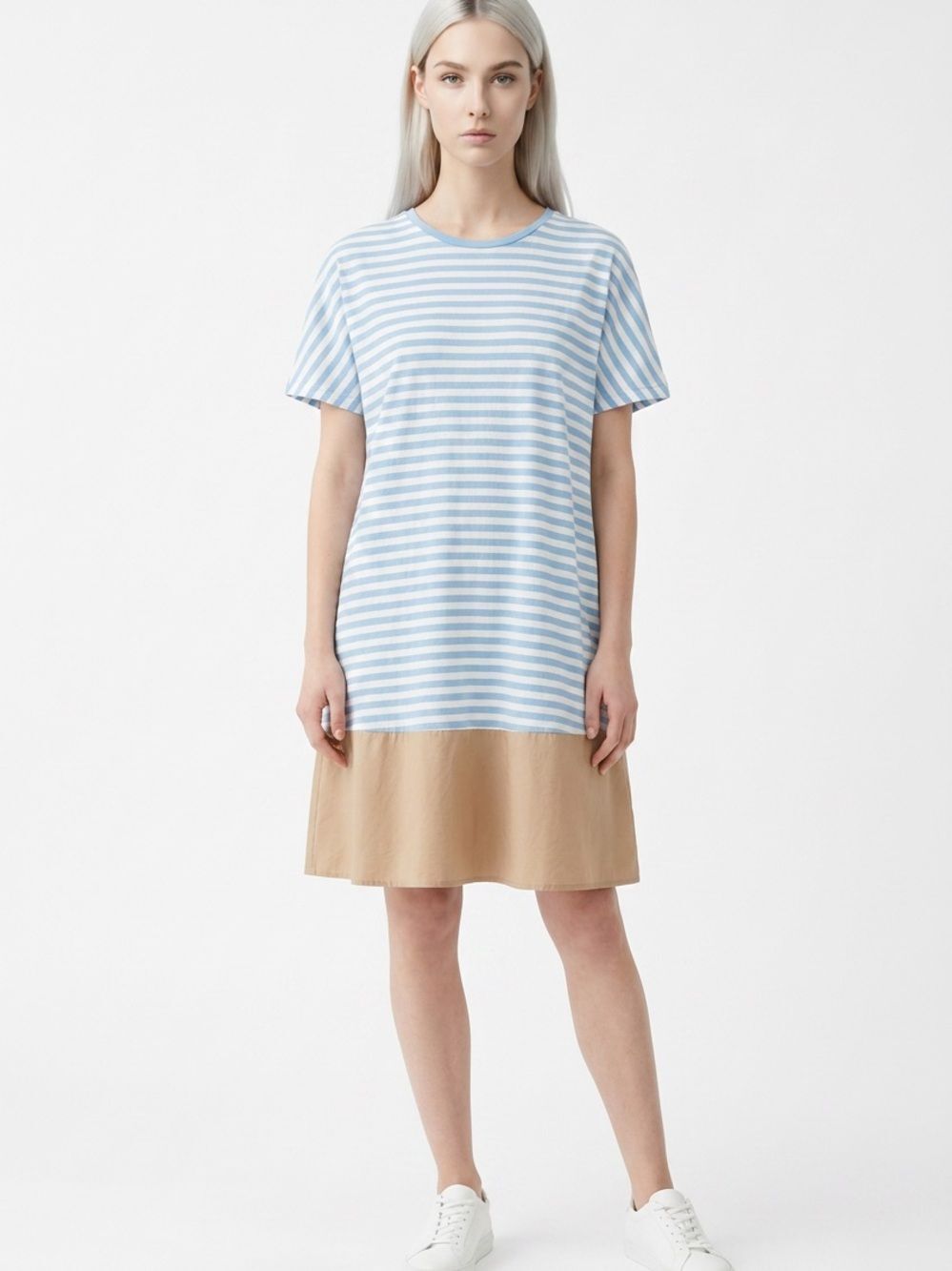 COS | Striped Blue & White Tee Dress with Tan Hem 100% Cotton Women’s Size Large